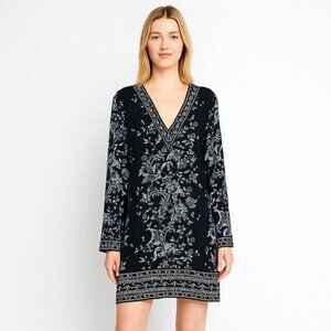 White‎ House Black Market Black & Blue Floral Long Sleeve Shift Dress